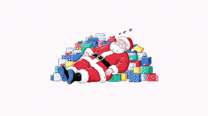 Santa Claus taking a nap on colorful gift boxes. Funny cartoon illustration celebrating Christmas joy and festive relaxation with copy space