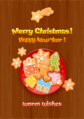 Gingerbread cookies on the red plate with snowflakes. Dish with Christmas gingerbread cookies standing on the wooden table background. Christmas and New Year greeting card. Vector illustration
