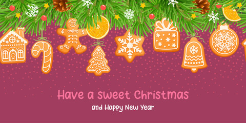 Christmas garland. Cute festive decorations with gingerbread cookies and spruce twigs. Various shaped icing gingerbreads, hanging on garland. New Year border and decor. Vector illustration