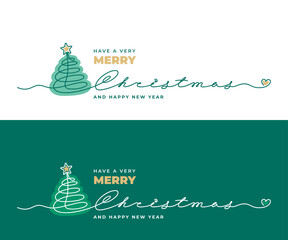 Merry Christmas greeting design set. Lettering by continuous line with Christmas tree and star. Elegance design for Christmas and New Year holiday celebration. Seasonal greetings. Vector illustration
