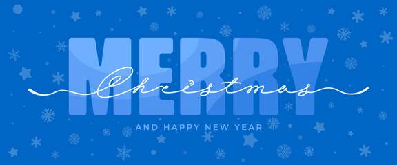 Merry Christmas greeting card design. Lettering by continuous line on blue background with snowflakes. Elegance design for Christmas and New Year holidays. Seasonal greeting. Vector illustration