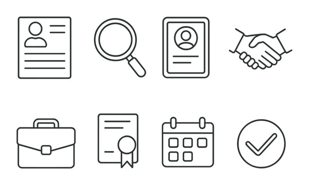 Professional icons set featuring resume, magnifying glass, and calendar