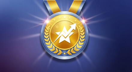 Gold achievement medal award icon with star and arrow for success and growth vector illustration