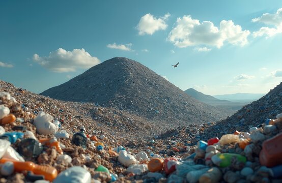 Vast mountain of trash and plastic waste under a blue sky. A bird flies over the immense garbage dump site. Environmental pollution problem view.