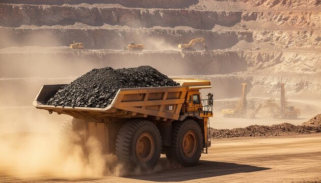 Massive yellow mining truck transporting coal in an open pit mine, surrounded by rugged rocky terrain, dust clouds