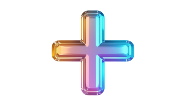 3D plus sign, iridescent, glassy, vibrant
