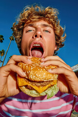 young man with blond hair holding a juicy burger with open mouth. Fun and expressive food lifestyle portrait with summer vibe