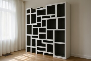 Fototapeta premium Modern geometric white bookcase with asymmetric black compartments creating bold contemporary storage wall display unit