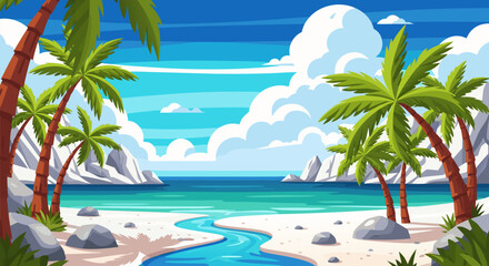 Obraz premium Vibrant Tropical Beach Landscape with Palm Trees, Turquoise Water, and White Sand Under a Sunny Sky with Fluffy Clouds