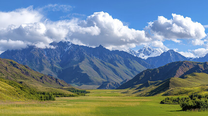 Breathtaking mountain scene featuring dramatic peaks, lush green valleys, and fluffy clouds. landscape evokes sense