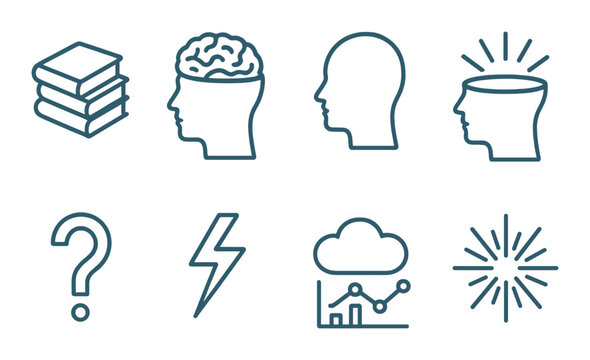 Brainstorm symbols: creativity, knowledge, innovation, and decision-making icons
