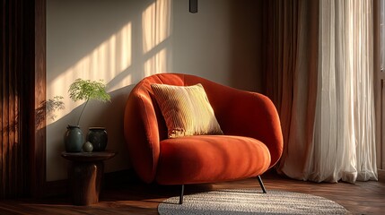Cozy orange armchair bathed in warm sunlight