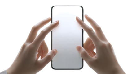 Hands touching a smartphone with a blank white screen against a dark background in a studio shot
