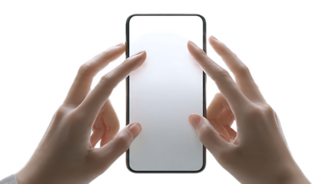 Hands touching a smartphone with a blank white screen against a dark background in a studio shot