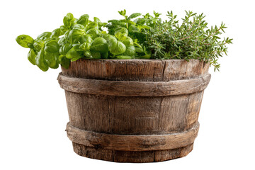 Fresh herbs in weathered wooden barrel (1)