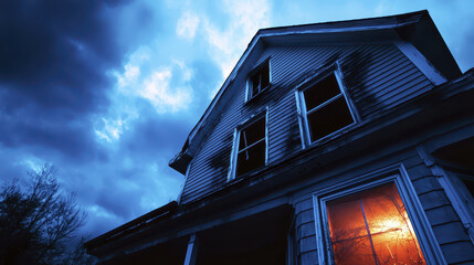 Haunted house with broken windows dark sky evokes sense of mystery and fear. eerie glow from window adds to unsettling