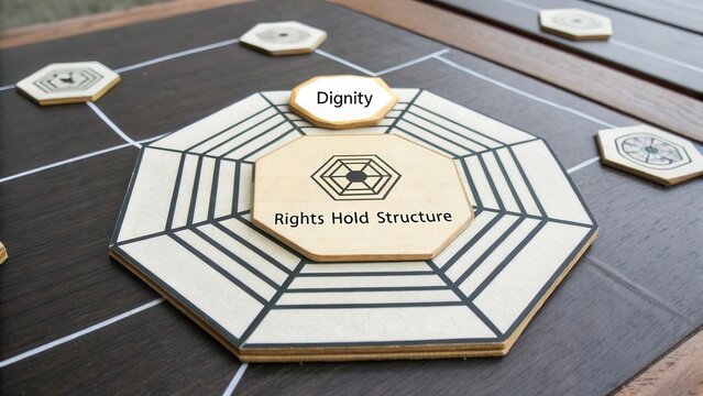 Geometric structure with Dignity and Rights text on hexagonal shapes