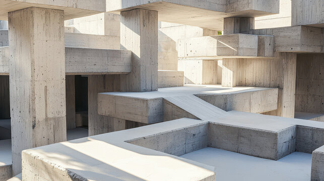 Labyrinthine museum with hidden pathways and concrete structures creates intriguing atmosphere of exploration and discovery