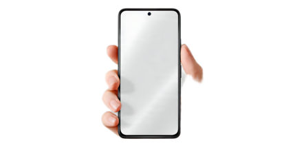 Hand holding a smartphone with a blank white screen against a black background in a studio shot