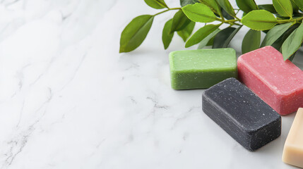 Handmade soap bars in various colors on marble surface with green leaves, creating serene and natural atmosphere