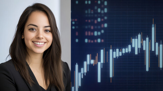 Confident marketing specialist smiles while analyzing financial data digital screen, showcasing her expertise