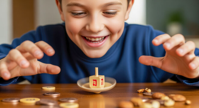 Joyful boy spins a dreidel with anticipation during Hanukkah, celebrating tradition and family fun with chocolate coins and nuts on a wooden table