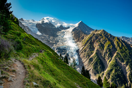 Chamonix Mont Blanc, France. La Jonction hiking trail, Bossons and Taconnaz glaciers	