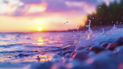 Serene sunset over tranquil beach with waves crashing on pebbles, creating beautiful splash of water droplets