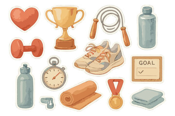 Watercolor Fitness Stickers. Personal Growth. Realistic hand-painted watercolor style sticker sheet of