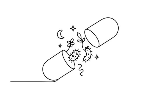 Space Capsule Release. Space Biology. Minimalistic one-line drawing open capsule releasing living organisms