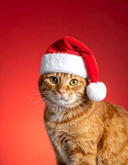 A close-up of a ginger cat wearing a red and white Santa hat against a solid red backdrop, looking forward