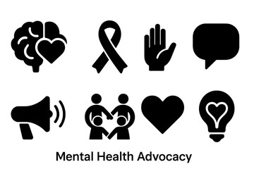 Mental Health Icons. Mental Health Advocacy. Filled icon set of Mental Health Advocacy: brain with heart,