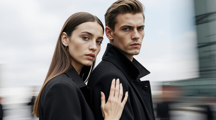 A stylish fashion portrait of an intense young couple. Man and woman in black coats posing in a modern urban setting with motion blur. Relationship and sophistication concept.