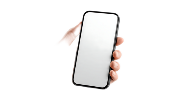 Hand holding a modern smartphone with a blank white screen against a black background studio shot