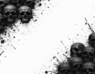 Black skulls on white. Grungy ink splashes. Spooky. Design element for Halloween posters, textile prints. Perfect for gothic themes. Lot of space for custom text. Creepy illustration with dark mood.