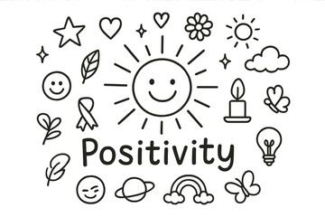 Doodle Positivity Icons. Positivity. Hand-drawn doodle illustration of Positivity. In the middle, one slightly