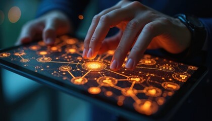 Person uses tablet displaying glowing network interface. Fingers interact with digital connections. Planning business strategy on futuristic screen. Future tech concept.