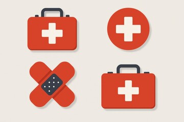 Obraz premium Red medical first aid symbols featuring a first aid kit and bandage illustrating health safety emergency preparedness and emergency response essentials captured with clarity