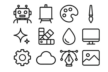 AI Art Icons. AI art generation. Line outline icon set of AI art generation: robot artist, canvas, palette,