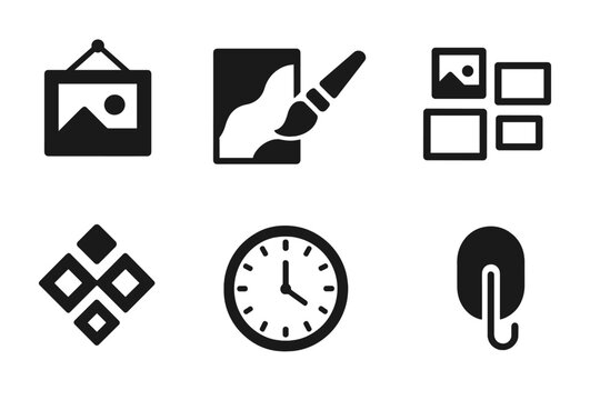 Wall Art Icons. Wall Art Ideas. Filled icon set of Wall Art Ideas: hanging frame, abstract art, canvas brush,