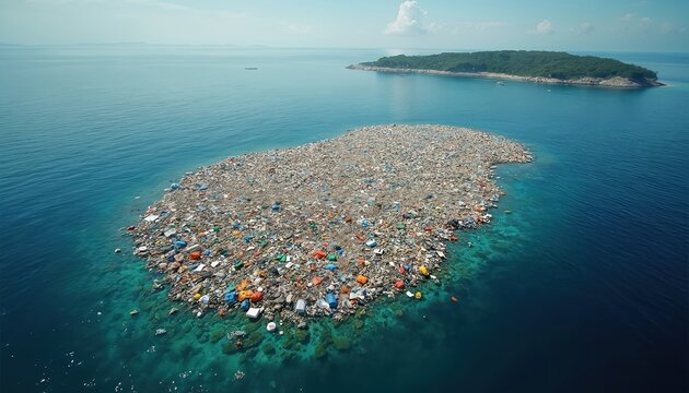 Aerial view shows huge island of plastic garbage floating in pristine blue ocean water. Waste pile contaminates sea, harms marine life, destroying natural beauty, health. Distant green land contrasts