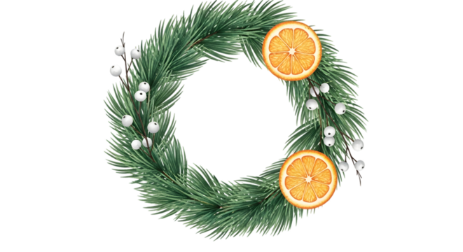 Wreath with orange slices and white berries isolated on transparent background - Powered by Adobe