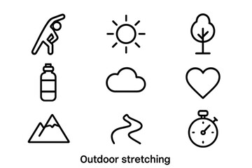 Outdoor Stretching Icons. Outdoor stretching. Line outline icon set of outdoor stretching: stretching figure,