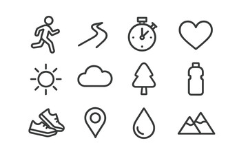 Outdoor Cardio Icons. Outdoor cardio. Line outline icon set of outdoor cardio: runner, path, stopwatch, heart,