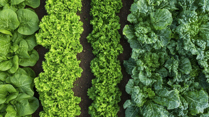 Fresh green lettuce rows showcase vibrant colors and textures well maintained garden. lush foliage creates serene atmosphere
