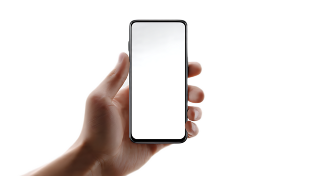 Hand holding a smartphone with a white screen against a black background in a studio shot