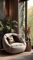 Cozy modern living room with plush sofa and large window