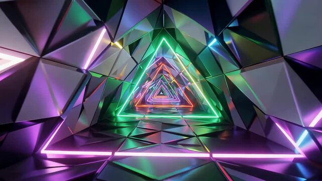 Neon triangles rotating in dark abstract space