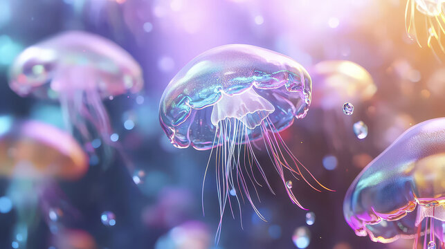 Mesmerizing underwater scene featuring glowing jellyfish with vibrant colors and ethereal light effects, creating surreal