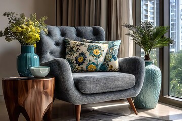 Elegant armchair with floral pillows and vases by window